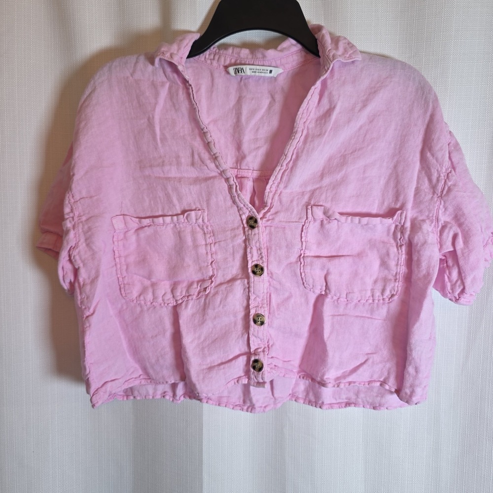 Zara Women's Oversized Pink Solid Linen Woven Button-Up Collared Small Coastal